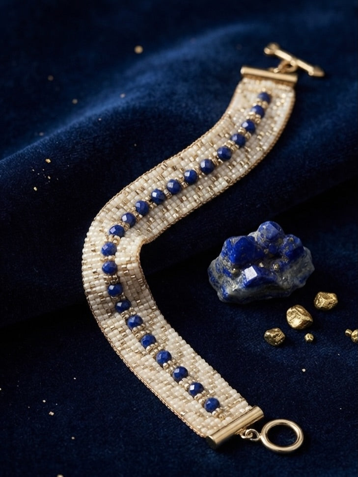Collection Lapis Lazuli : Bracelet tissé fait main avec lapis lazuli incrustée |Bijoux Bohèmes & Symboliques