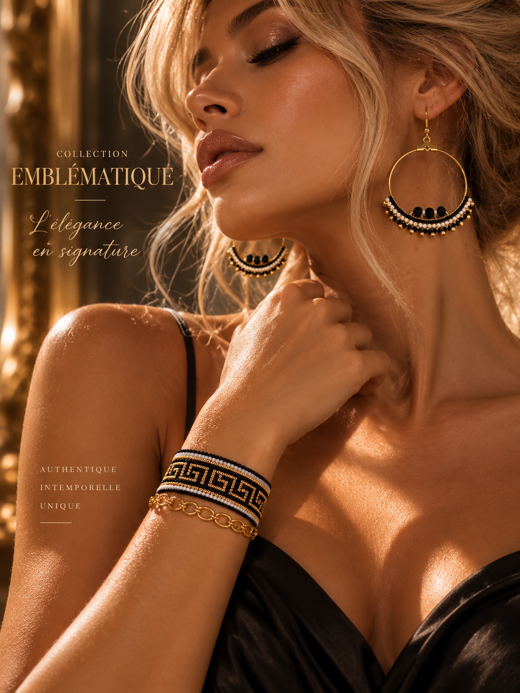 Manchette Femme Tissée Mains Emblematique Noire & Dorée
